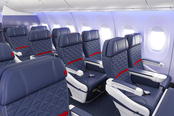 A view of the 737-900 shows the interior in the Delta One section of the aircraft.