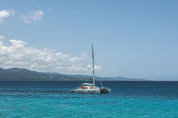 A boat sits on the waters of Montego Bay, Jamaica.