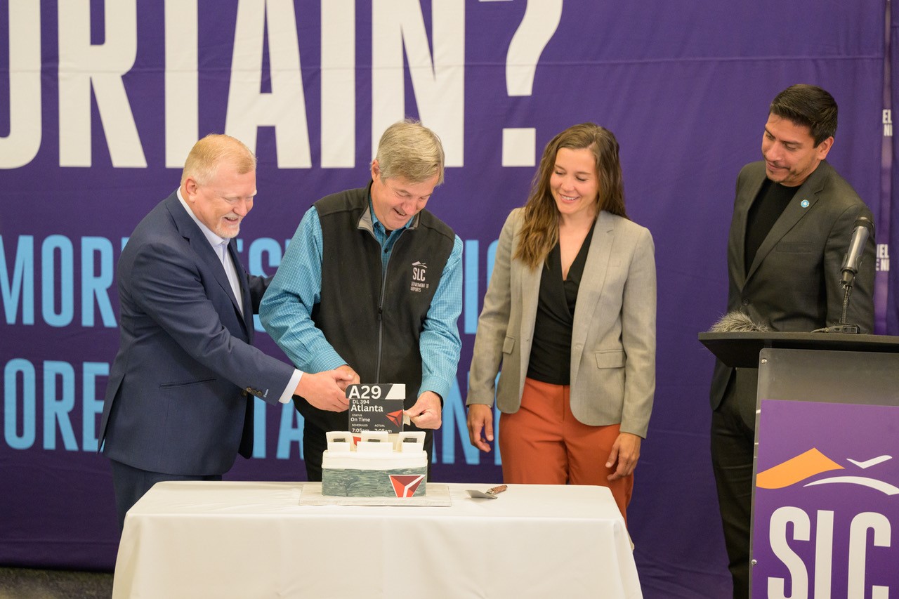 Officials participate in a ribbon-cutting ceremony at SLC on May 16, 2023. Delta’s growth continues at Salt Lake City International Airport with the opening of five additional gates this week, following the initial launch of a new 900,000-square-foot Concourse A in Sept. 2020.