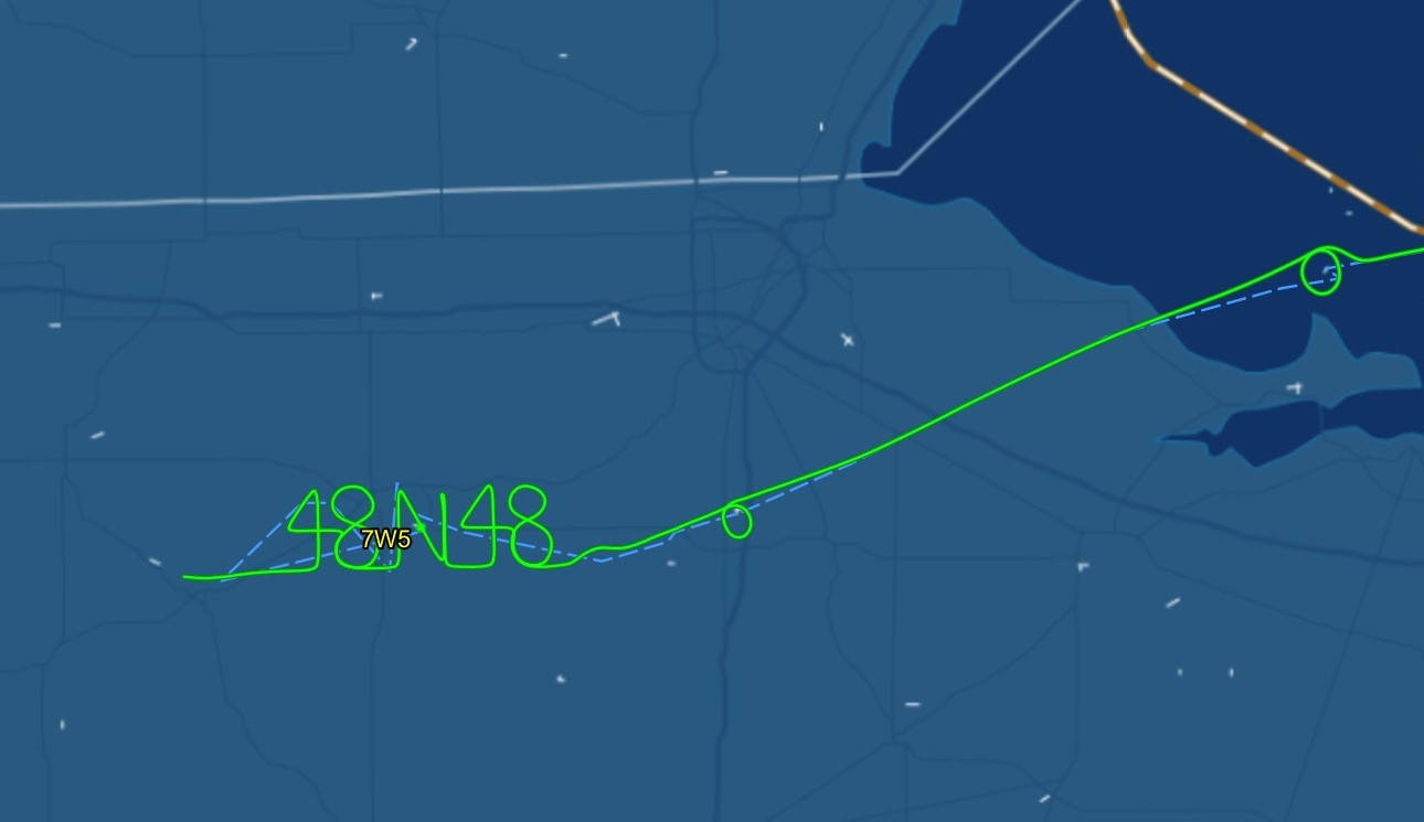 Delta pilots Barry Behnfeldt and Aaron Wilson spell out 48N48 in the sky while flying back home after flying through 48 states in 48 hours.