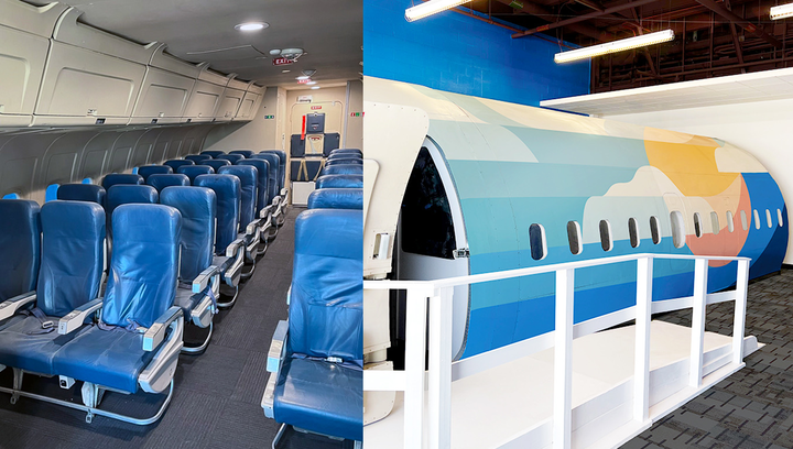 The new space includes a permanently installed 33-foot-long mock aircraft cabin and 42 aircraft seats, donated by Delta, thanks to the innovative thinking of Delta First Officer Richard Kargel.