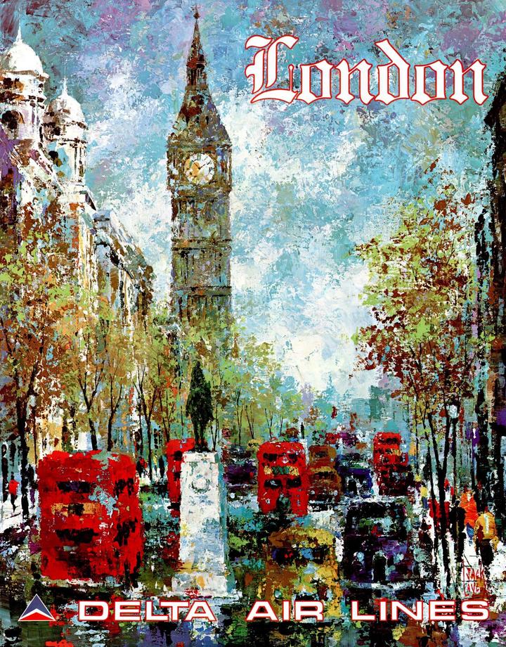A Delta Air Lines travel poster from 1978 advertising the company's new route to London.