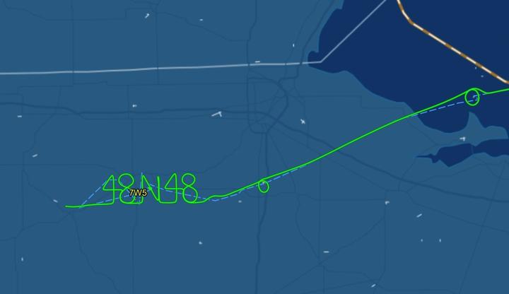 Delta pilots Barry Behnfeldt and Aaron Wilson spell out 48N48 in the sky while flying back home after flying through 48 states in 48 hours.