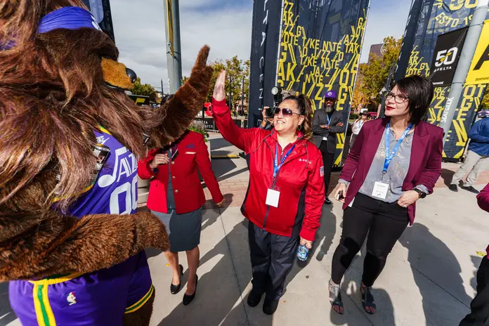 Delta and the Utah Jazz commemorated the official return of the Delta Center to Salt Lake City with a festive ribbon cutting ceremony and press conference on Thursday, Oct. 26, 2023. 