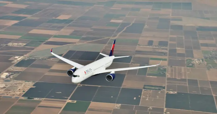 An A350 in flight.