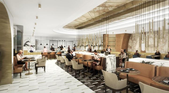 Uma renderização do espaço para comer no novo JFK Premium Lounge