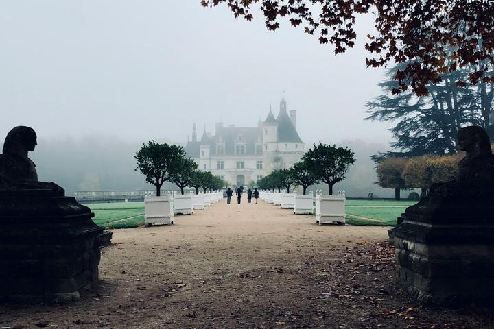 A walkway lined with potted trees leading to one of the many chateaus in Loire Valley, France