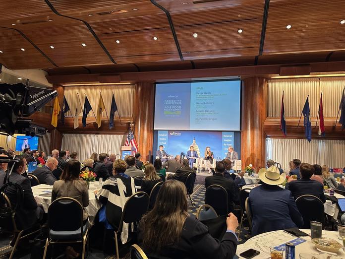Delta Chief Sustainability Officer Amelia DeLuca speaking at the 2024 Food & Ag Policy Summit about the importance of bringing together players across agriculture, fuel, aviation and government to scale the Sustainable Aviation Fuel market.