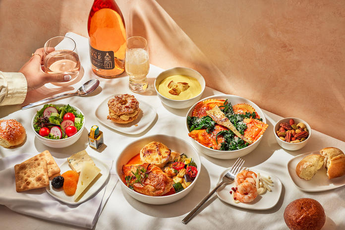 Delta One customers departing from CDG to the U.S. have their choice of roasted chicken breast with chicken jus, artichoke-filled pasta with tomato cream sauce, and more.
