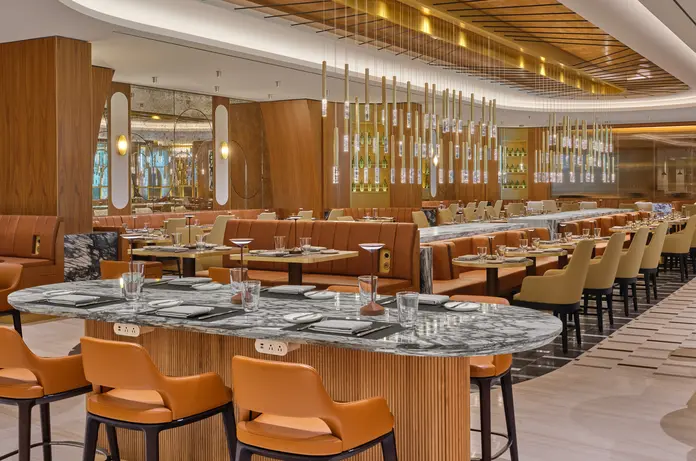 The iconic overlapping strands of the Brooklyn Bridge provided inspiration for the suspended lighting fixture in the dining room at The Delta Lounge-JFK.