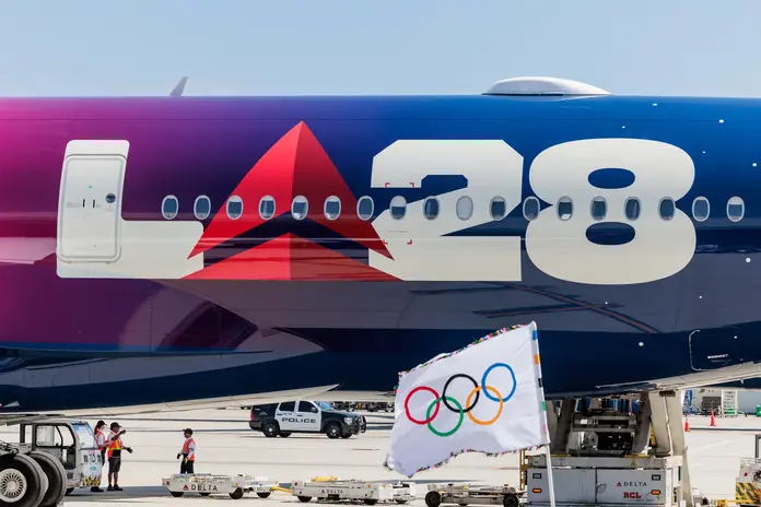 Delta's custom A350 aircraft with its LA28 livery also proudly touts the&nbsp;Delta x LA28 integrated emblem – the first in the Olympic and Paralympic Movement history – which uses the airline’s iconic widget to replace the “A” in the logo.