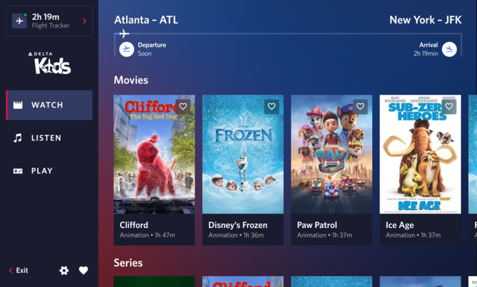 A screen shows the new Delta Sync Kids Experience on seatback entertainment.