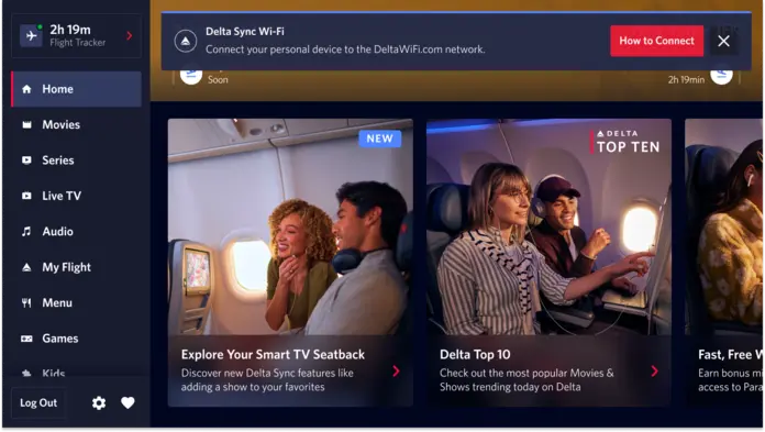 A seatback screen shows a notification informing passengers that fast, free Wi-Fi is available for their personal devices.&nbsp;