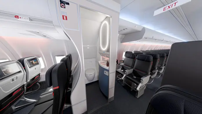 During Delta's cabin refresh, lavatories will also be refreshed with bright walls and an accent wall opposite the mirror in the Celestial Sky pattern. Cabinets in the lavatories will be in a fresh and modern Azure Blue color. The flooring is made from a smooth material with specks of color, ensuring improved cleanliness and safe traction.&nbsp;