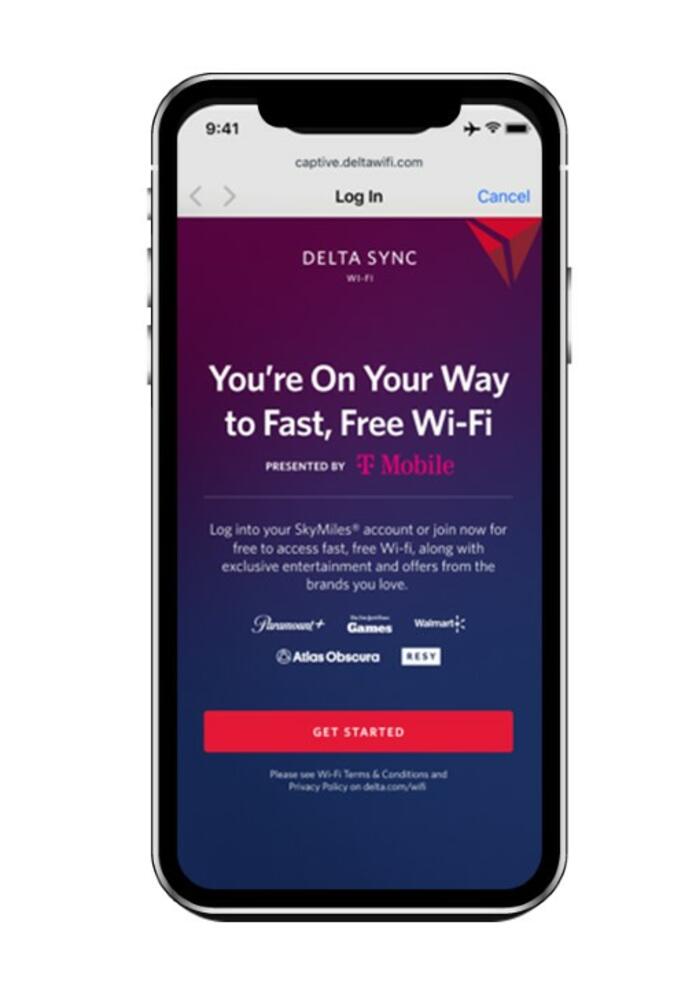 The log-in page on a mobile phone for Delta's fast, free Wi-Fi.