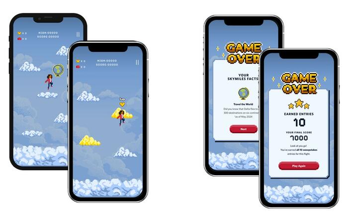 The game screens for Delta's new Sky Hopper game, available onboard for Delta SkyMiles Members through Delta Sync Wi-Fi.