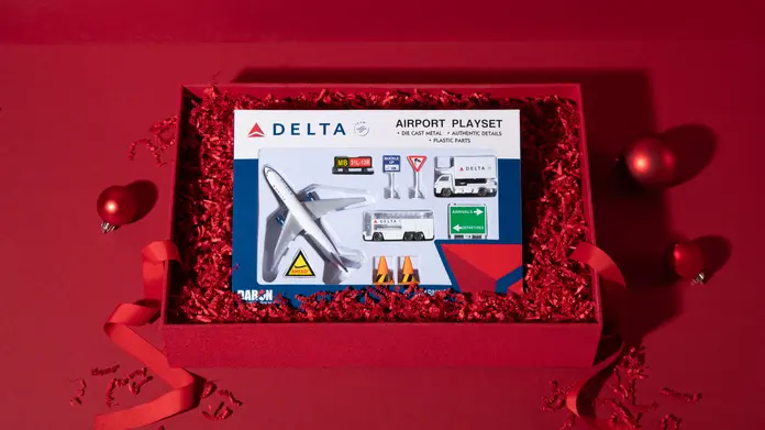 This 10-piece Delta airport playset is the perfect gift for the little aviation enthusiast in your life. Set includes an authentically detailed plane and a variety of vehicles and signs.  