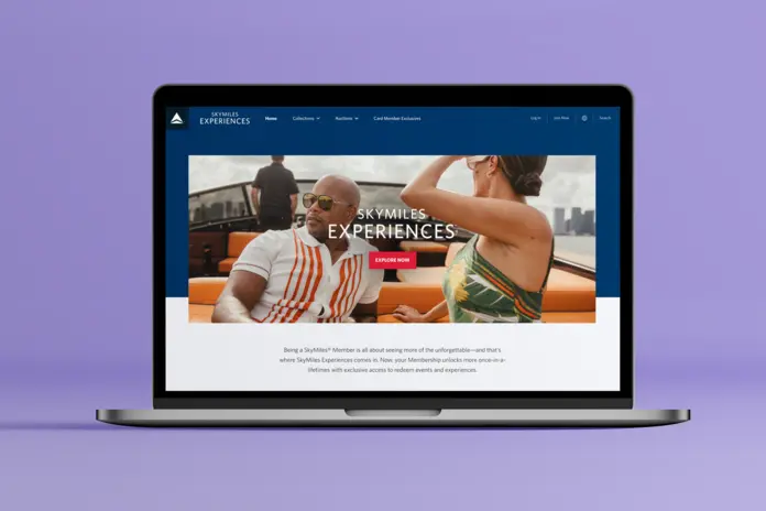 A mockup of what the updated SkyMiles Experiences platform looks like on a laptop.