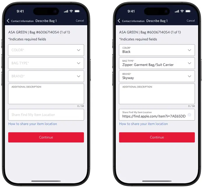 iPhone screens showing fields to generate a Share Item Location link