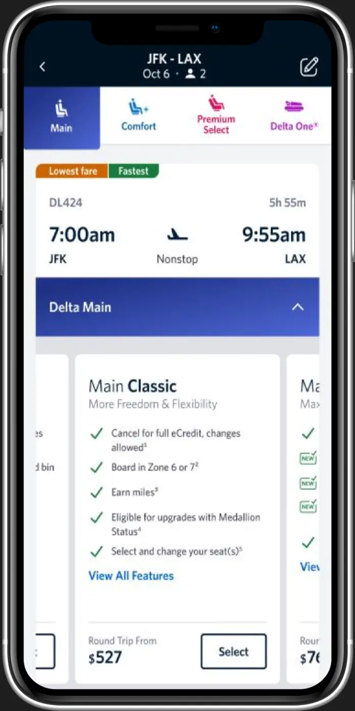Example screenshot of Delta app showing Classic level of Main service