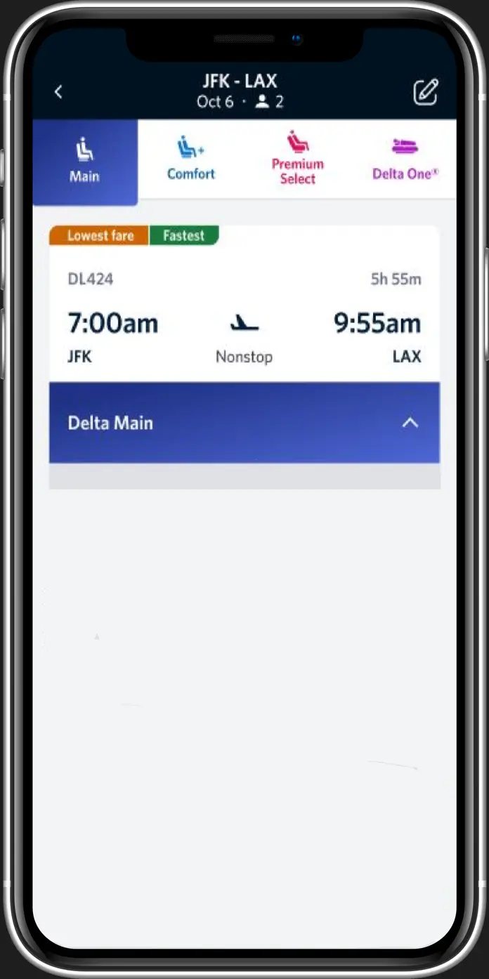 Example screenshot of Delta app showing Classic level of Main service