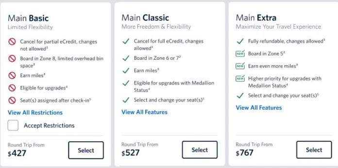 Sliding section: classes of Main cabin offerings