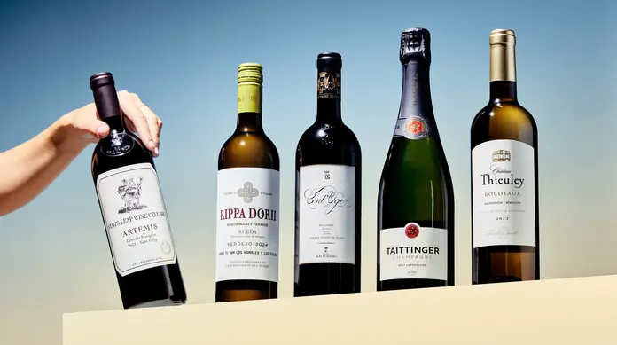 Various wine bottles lined up against blue background with person's hand grabbing the bottle on the end.