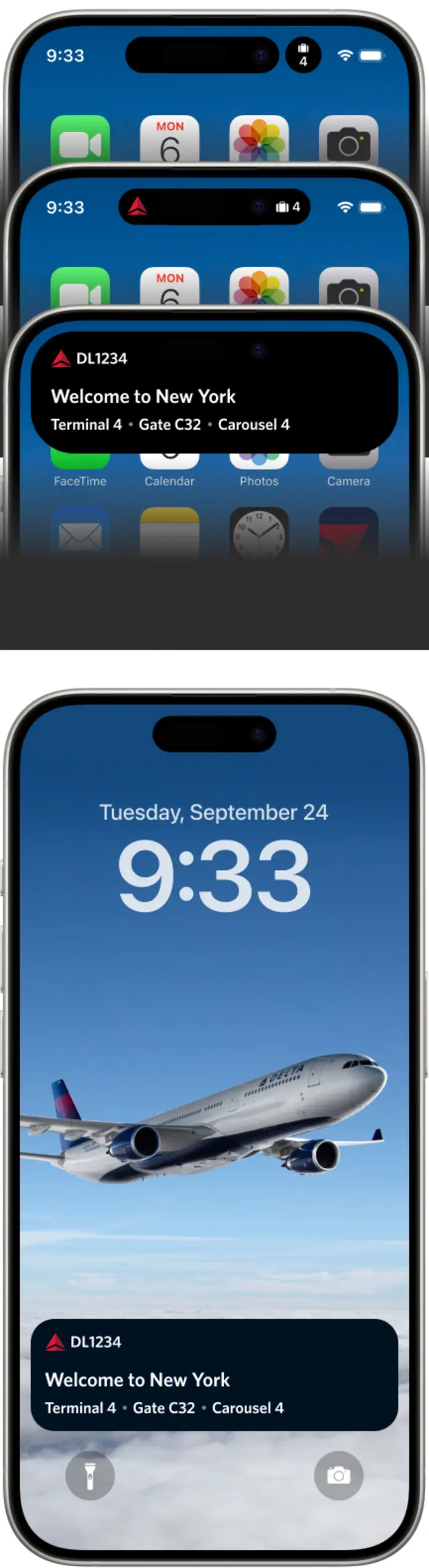 Smartphone screens with app icons and live activities notifications