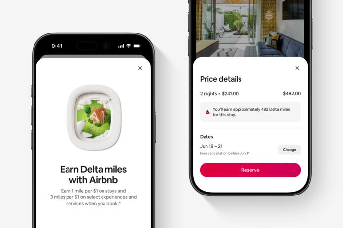 Duas telas de smartphones exibindo o fluxo de reserva do Airbnb, destacando o acúmulo de milhas Delta e os detalhes de preço da estadia.