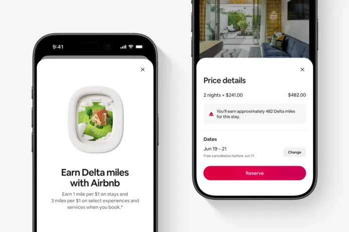 Two smartphone screens showing an Airbnb booking flow highlighting earning Delta miles and price details for a stay.