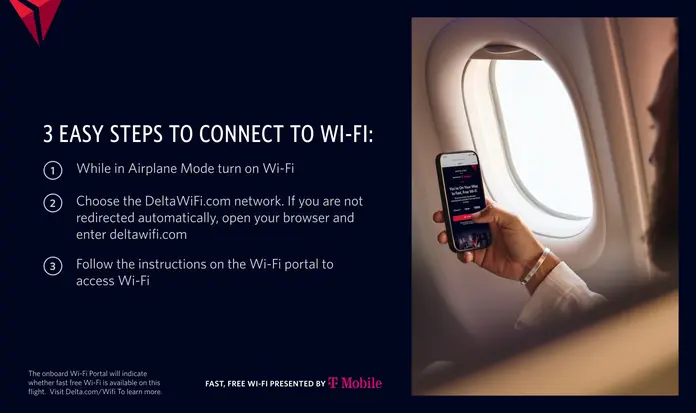 Graphic showing “3 Easy Steps to Connect to Wi‑Fi” alongside a photo of a passenger using a laptop and headphones in an airplane seat, with seatback screens visible.