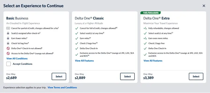 Delta booking screen comparing Basic Business, Delta One Classic and Delta One Extra fare options, including benefits and pricing.