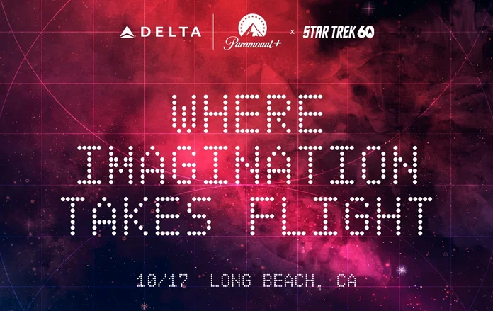Space-themed promotional graphic reading “Where Imagination Takes Flight” for a Delta, Paramount+ and Star Trek 60 event in Long Beach, California.