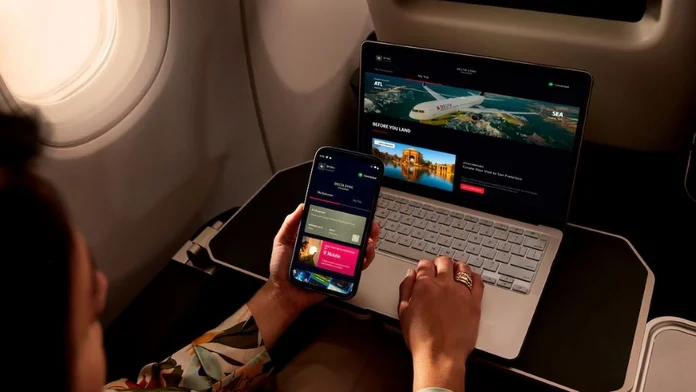 A Delta customer accesses Delta Sync using Delta's free Wi-Fi.