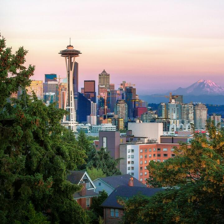 A view of the Seattle skyline featuring the Space Needle and Mt. Rainier