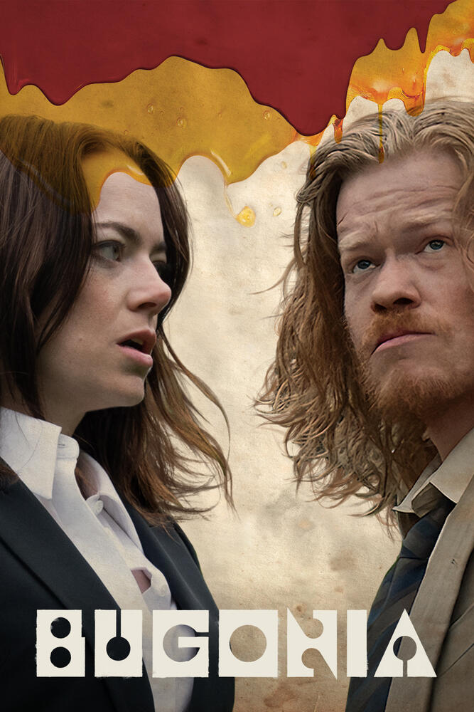 Two figures in business attire stand side by side against a textured background with red and yellow liquid splashes at the top, with the stylized title ‘BUGONIA’ below.