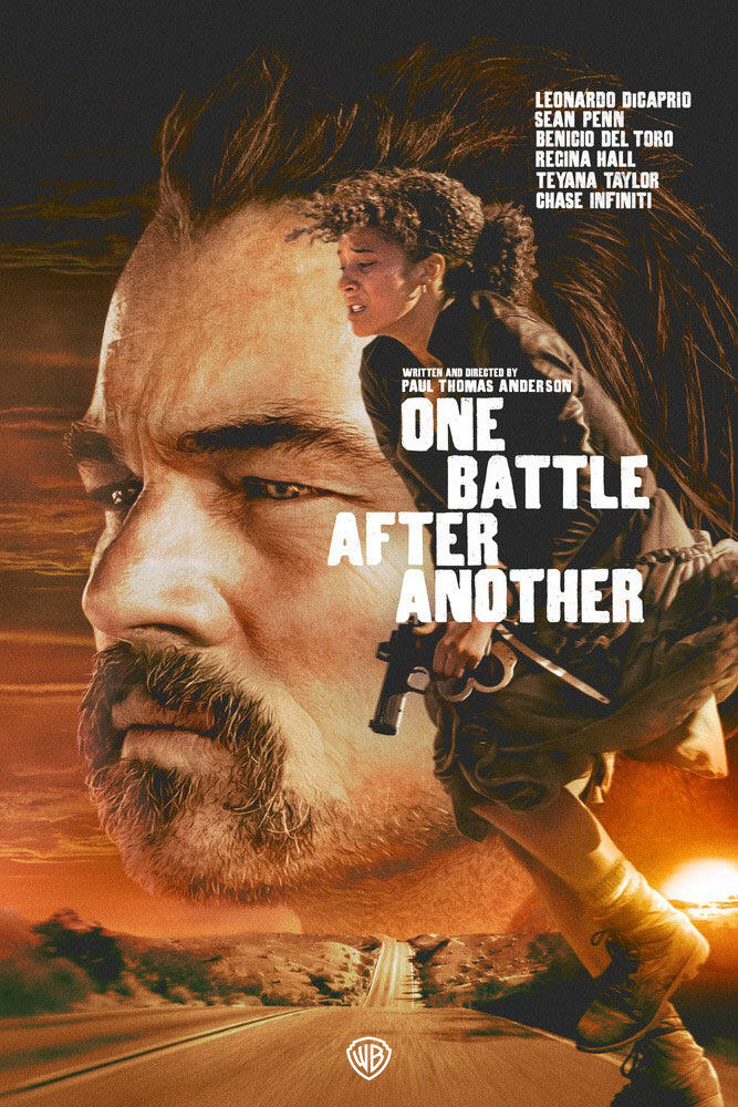 Movie poster for “One Battle After Another” featuring a large close-up of a bearded man’s face at sunset, overlaid with a woman running while holding a gun above a desert highway.