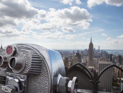View of Midtown Manhattan New York City with coin-operated telescope