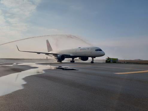A Delta flight from Boston arrives in Reykjavik, Iceland.