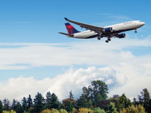 A330-200 in flight over trees