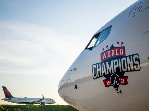 Delta's "World Champions" plane honoring the Atlanta Braves.
