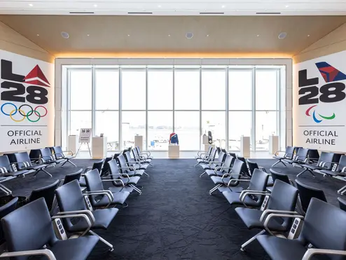 The LA28 logo on display at LAX.