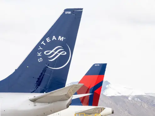 A Delta Air Lines 737-800 in SkyTeam livery is seen at Salt Lake City International Airport (SLC). Delta is a founding member of the SkyTeam alliance.