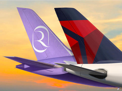 Delta Air Lines and Riyadh Air plane tails.