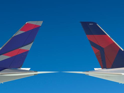 Tails from Delta and LATAM aircraft