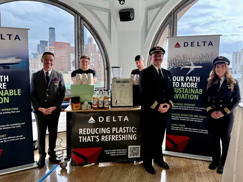 Delta pilots and flight attendants attend New York Climate Week to display Delta's sustainability efforts.