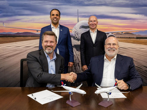 Delta and Saudia leaders during the signing ceremony for their strategic partnership. Back row, from left to right: Ibrahim Al-Omar, Director General (Saudia Group); Alain Bellemare, E.V.P. and President - International (Delta). Front row, from left to right: Arved Von Zur Muehlen, Chief Commercial Officer (Saudia); Perry Cantarutti, S.V.P. - Alliances & International (Delta).