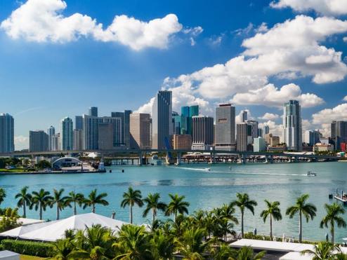 A daytime view of the Miami, Florida skyline.