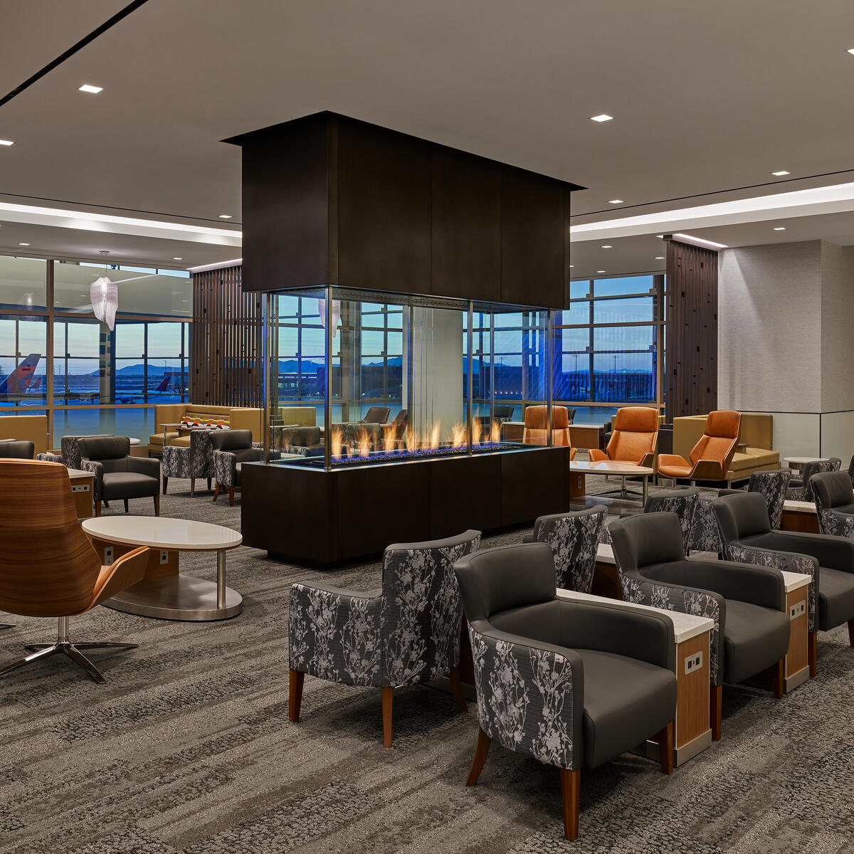 Delta Sky Club 360-degree fireplace at new SLC airport