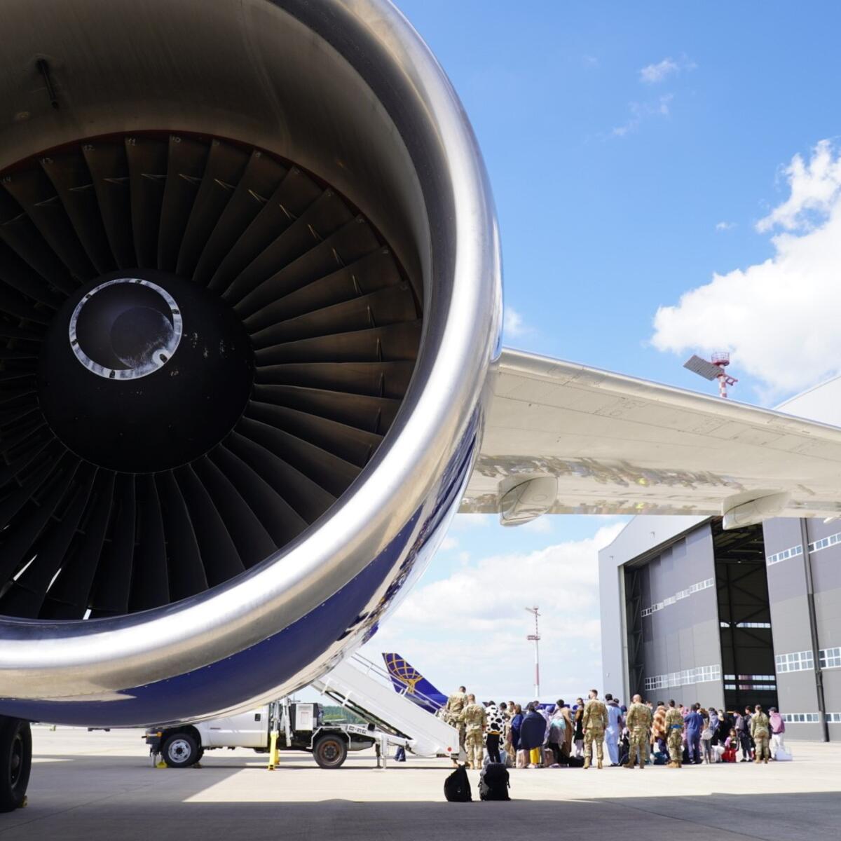 Passengers board a flight at Ramstein Air Base.